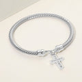Rhodium Plated CZ Pave Cross Charm Cable Bangle Bracelet
