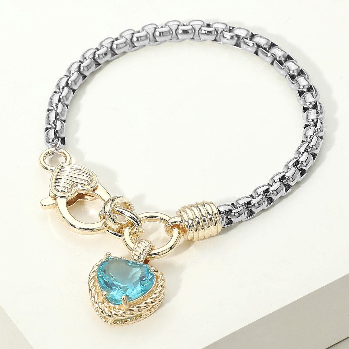 Two Tone CZ Stone Heart Charm Bracelet
