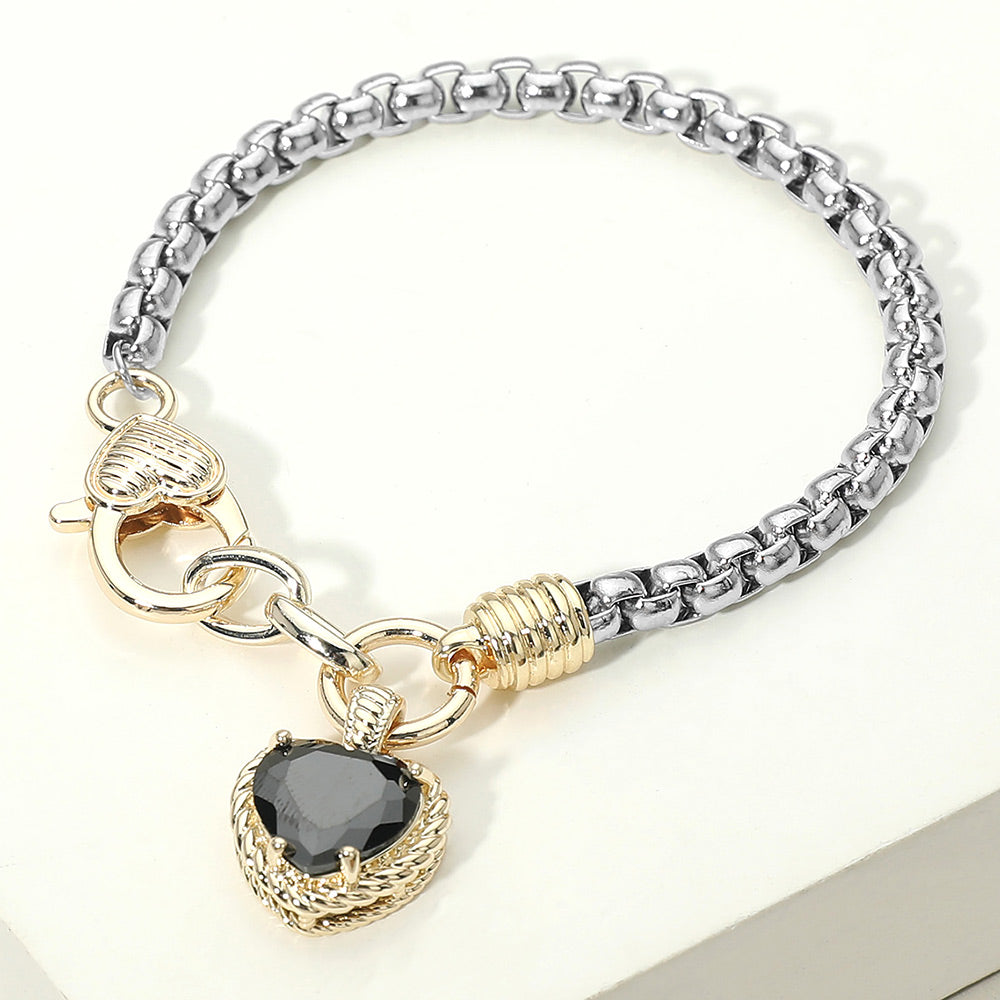 Two Tone CZ Stone Heart Charm Bracelet