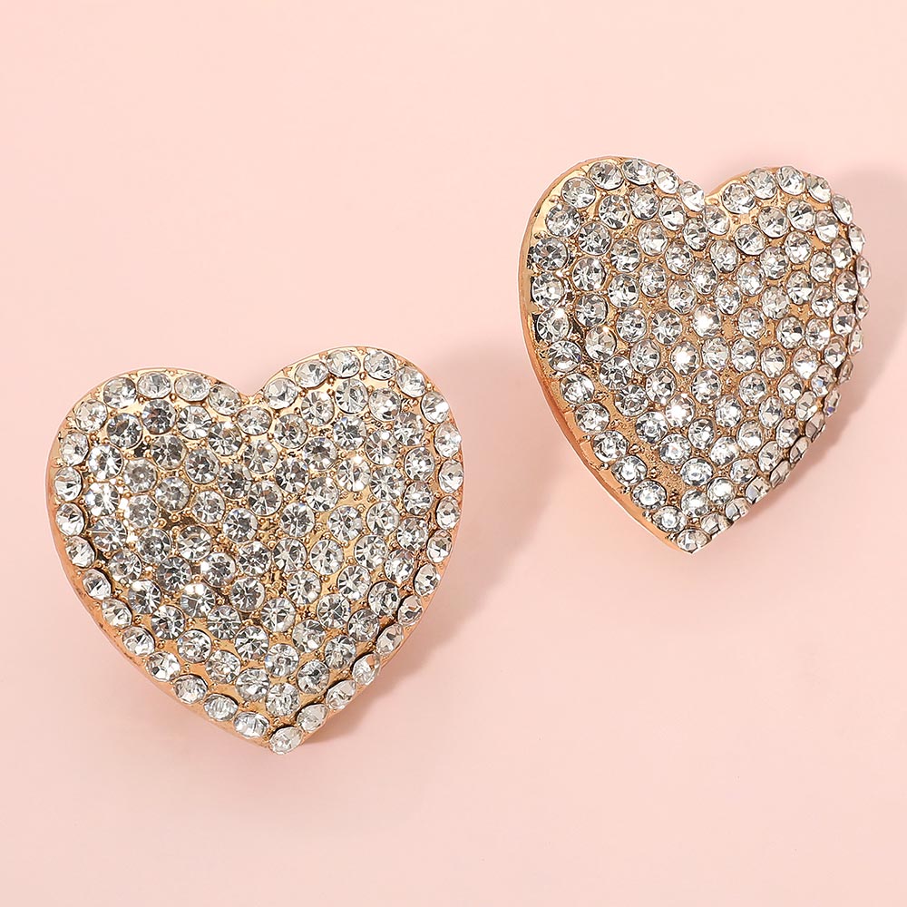 Bold Rhinestone Paved Heart Clip On Earrings