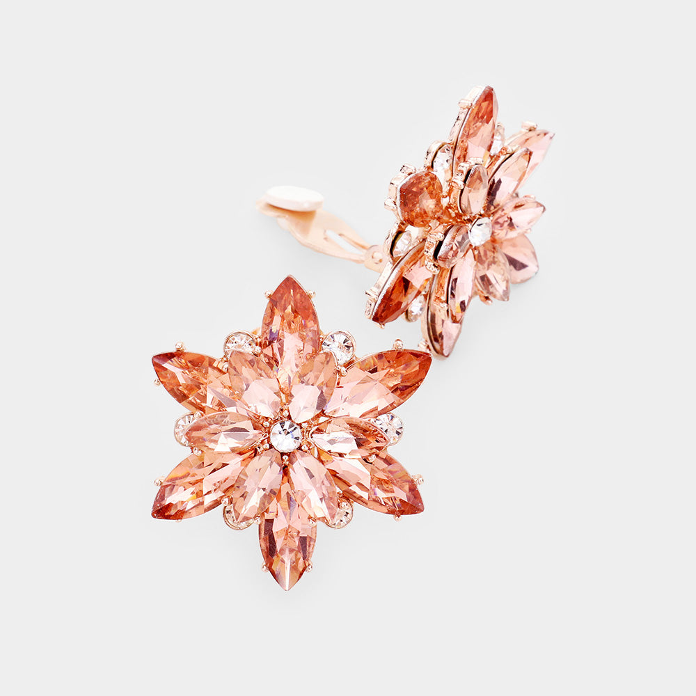 Crystal Flower Clip on Evening Earrings