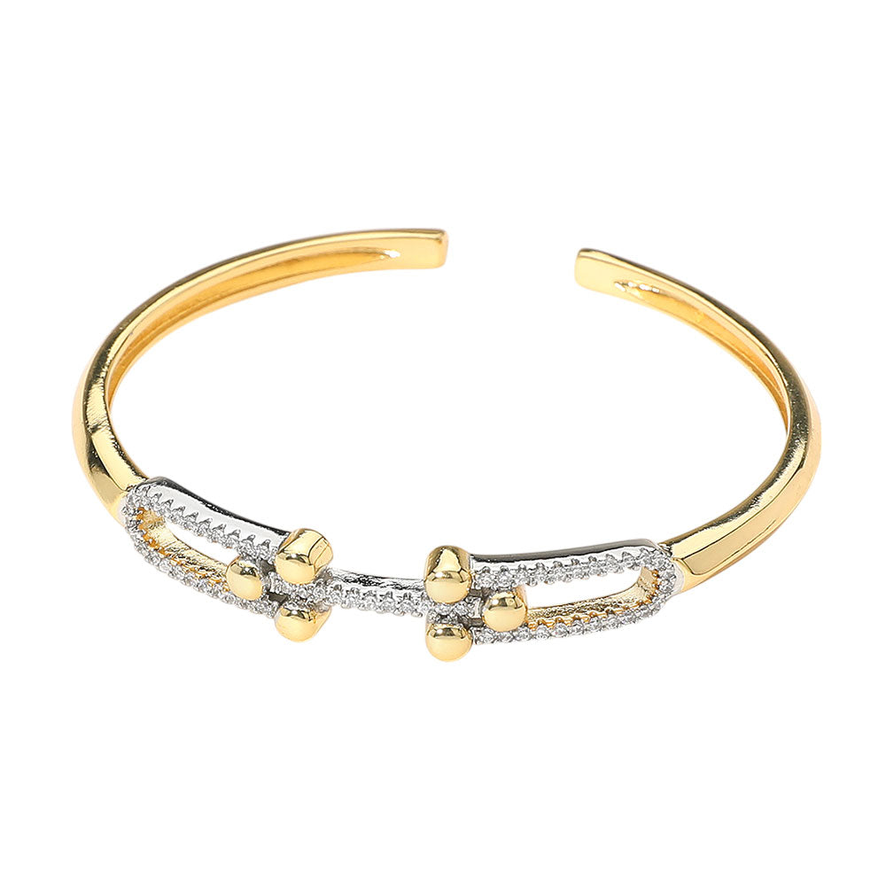 Stone Paved Double Hardware Accent Cuff Bracelet