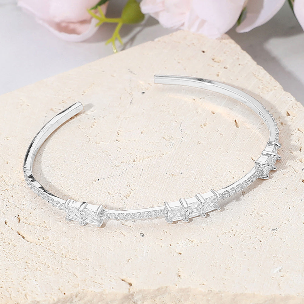 Double Square CZ Stone Cluster Station Pointed Evening Cuff Bracelet