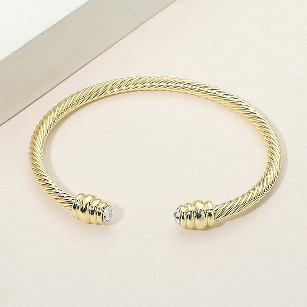 14K Gold Plated CZ Stone Tip Twisted Cable Cuff Bracelet