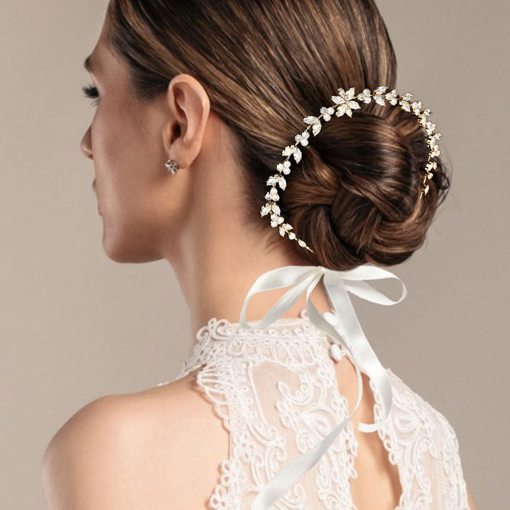 CZ Flower Stone Cluster Accent Vine Bun Wrap Headpiece