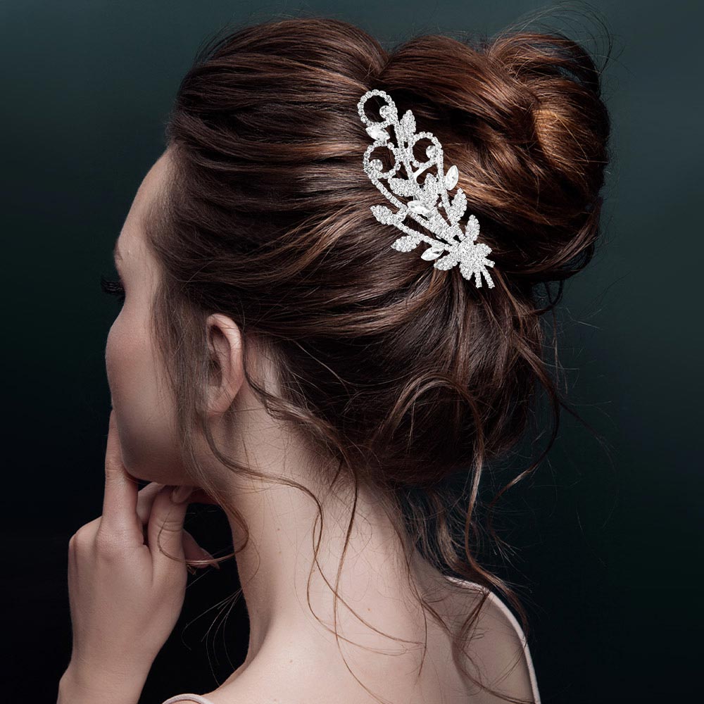Rhinestone Paved Leaf Floral Hair Comb