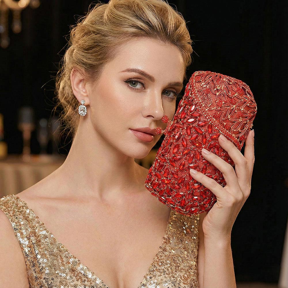 Floral Leaf Crystal Frame Evening Clutch Shoulder Bag