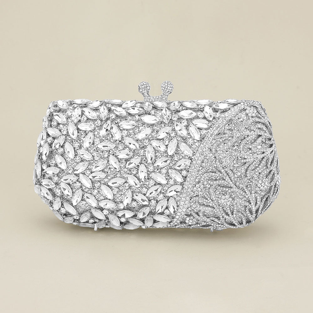 Floral Leaf Crystal Frame Evening Clutch Shoulder Bag