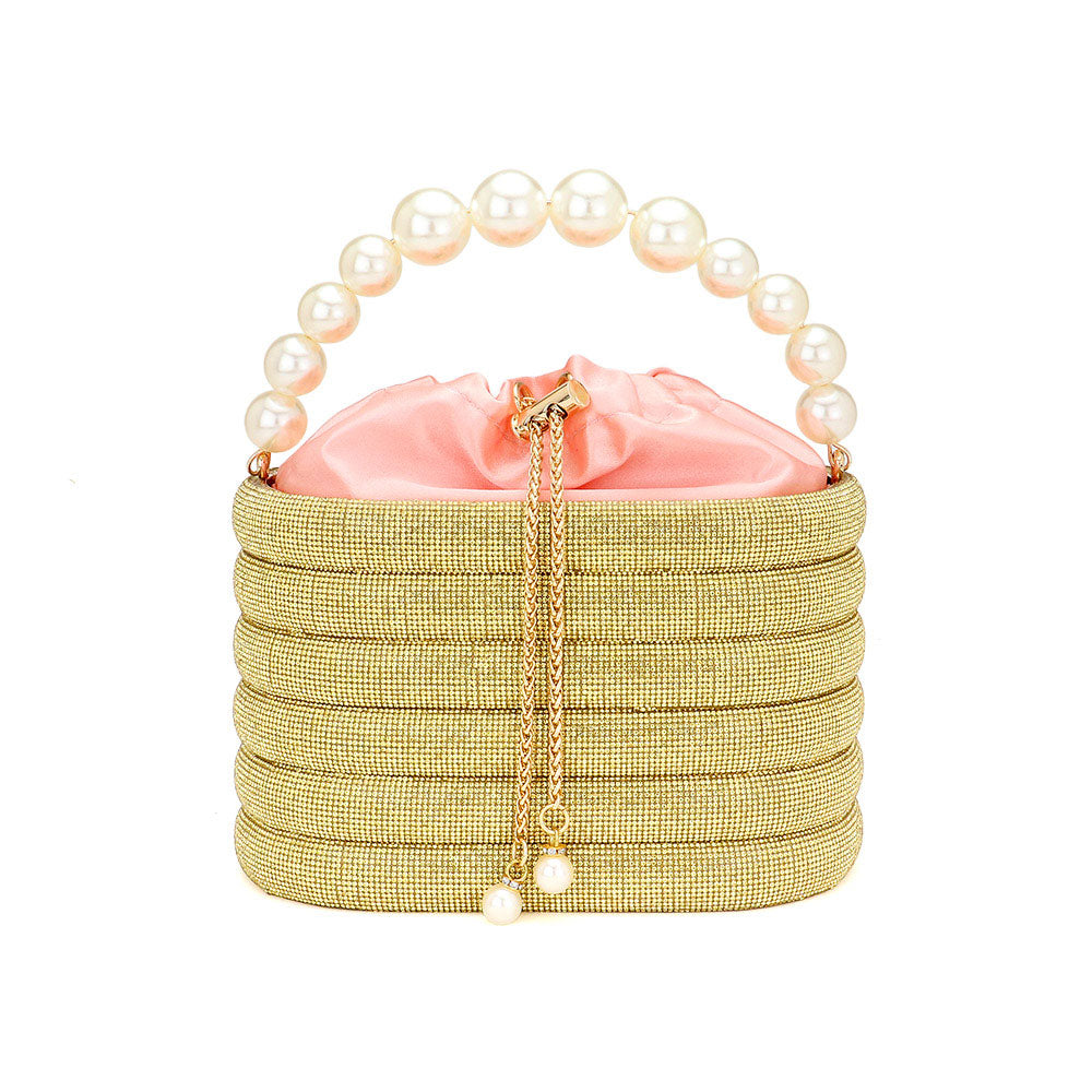 Bling Pearl Top Handle Drawstring Box Crossbody Bag