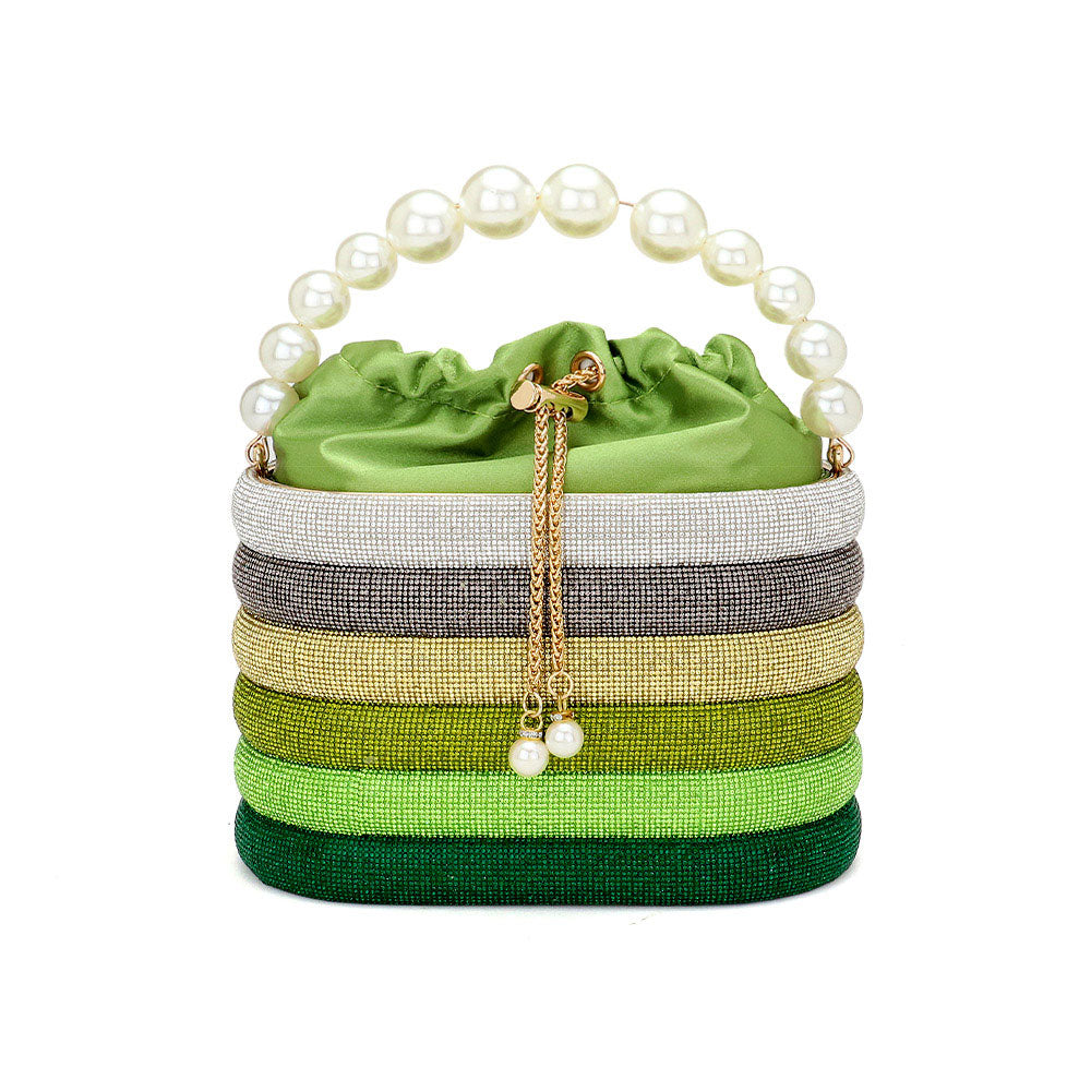 Bling Pearl Top Handle Drawstring Box Crossbody Bag