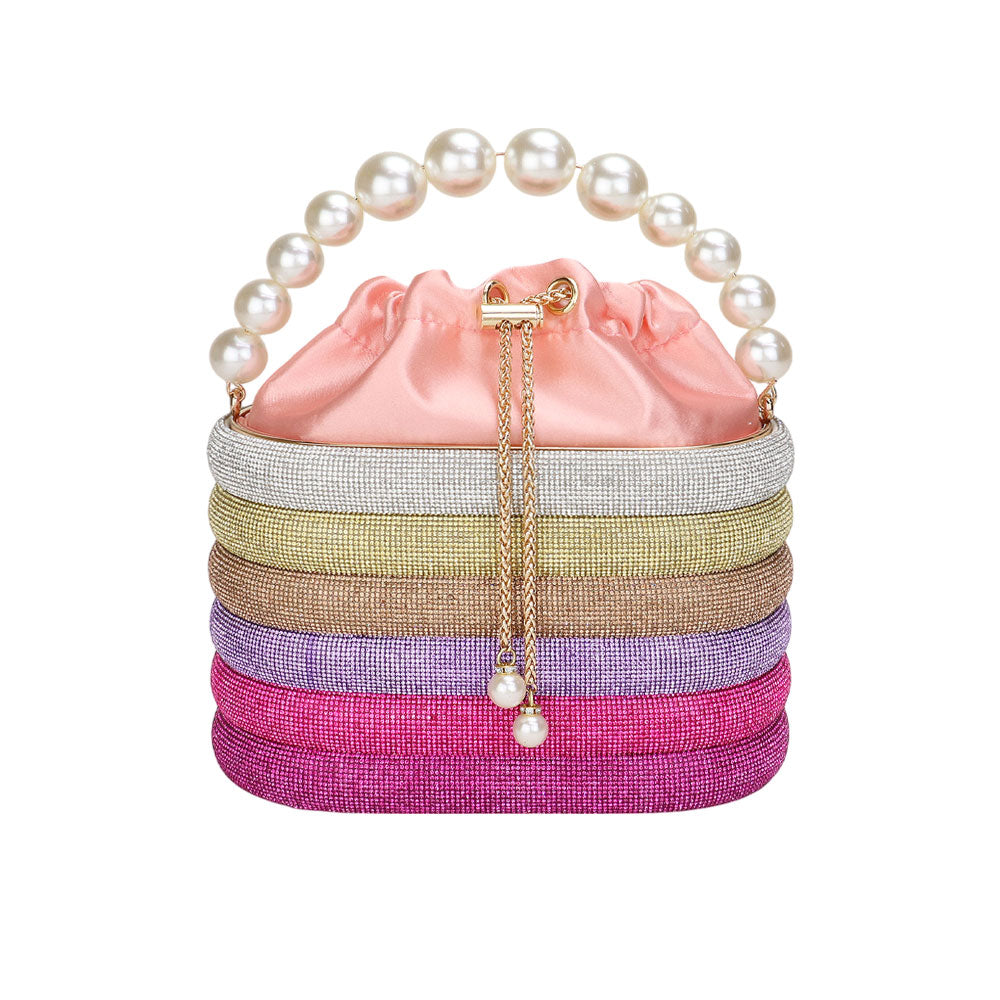 Bling Pearl Top Handle Drawstring Box Crossbody Bag