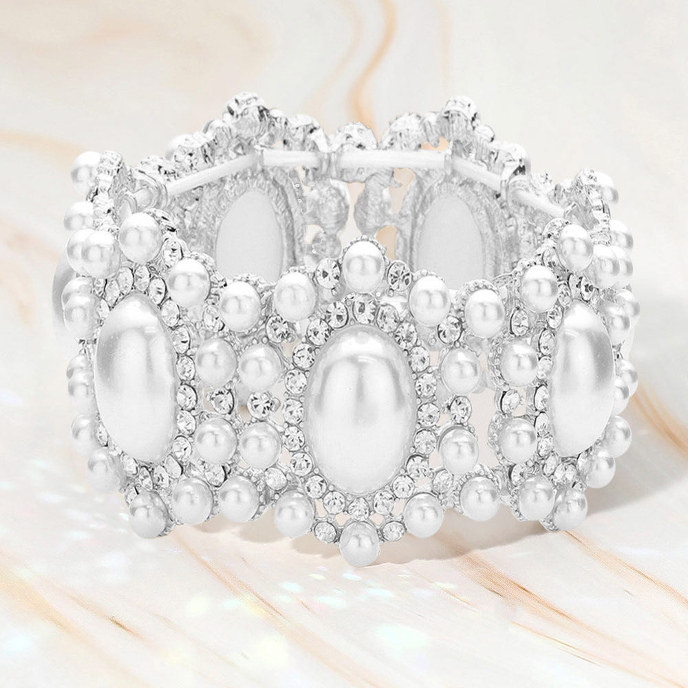 Oval Pearl Accented Link Stretch Evening Bracelet
