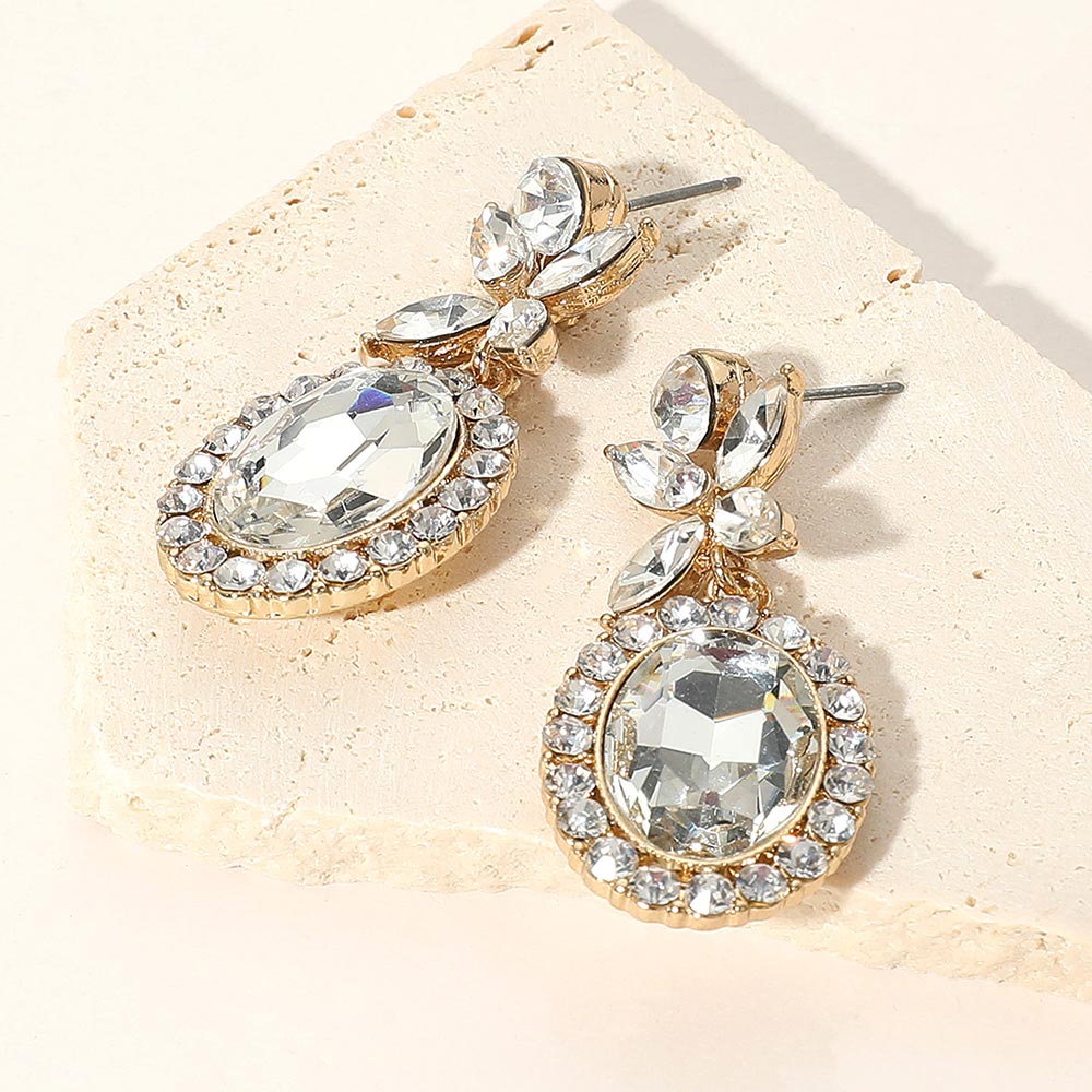 Oval Flower Crystal Evening Earrings
