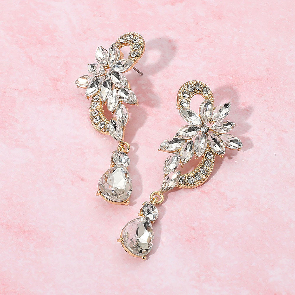 Flower Stone Cluster Teardrop Dangle Evening Earrings