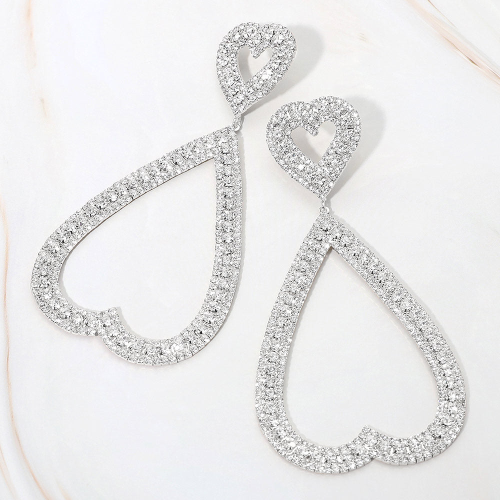 Bold Rhinestone Studded Open Heart Drop Dangle Statement Evening Earrings