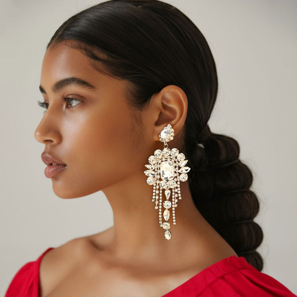 Stone Cluster Chandelier Fringe Drop Evening Statement Earrings