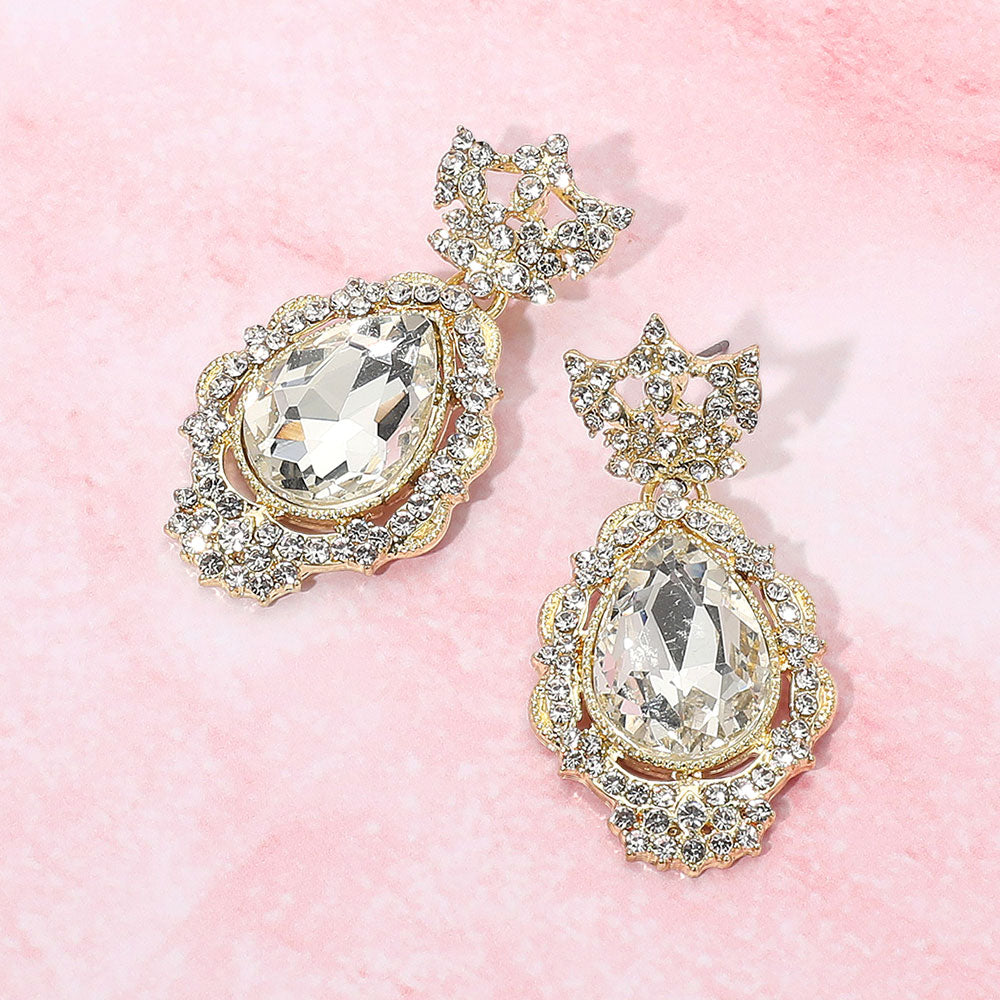 Teardrop Accented Rhinestone Embellished Evening Dangle Earrings