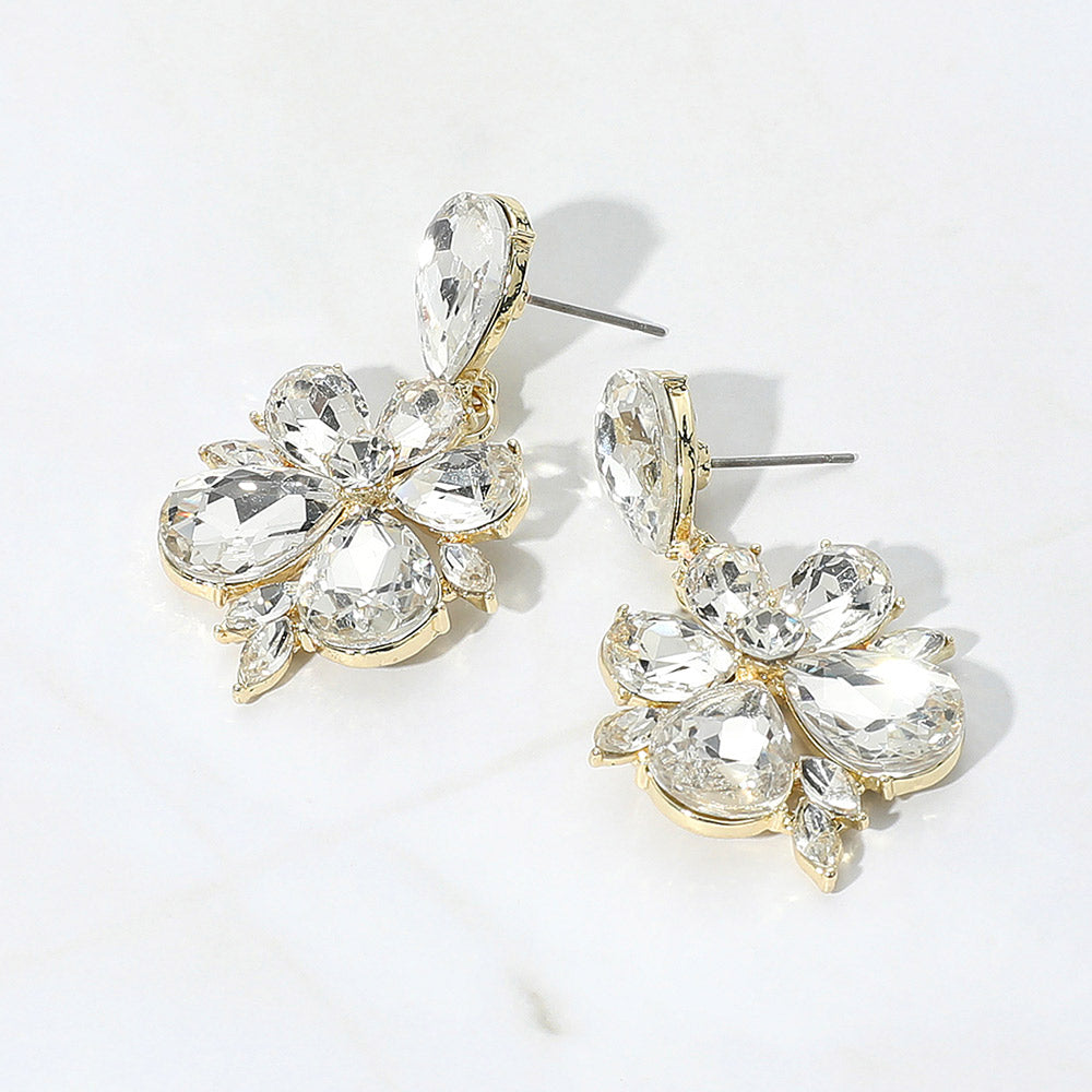 Teardrop Stone Flower Dangle Evening Earrings