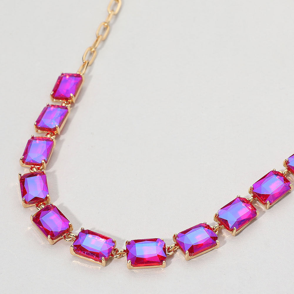 Cushion Rectangular Stone Cluster Link Evening Necklace