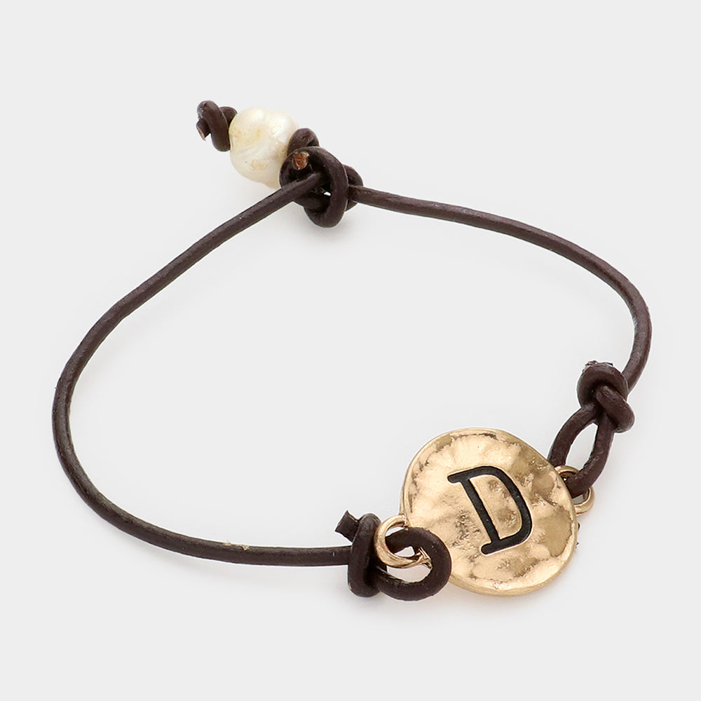 -D- Initial Monogram Metal Disc Pearl Pointed Bracelet