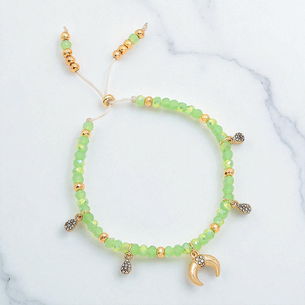 Double Horn Charm Beaded Adjustable Cinch Pull Tie Bracelet