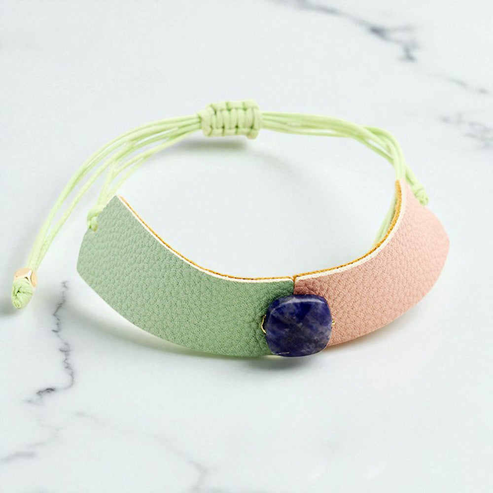 Two Tone Leather Square Bead Accented Adjustable Cinch Pull Tie Bracelet