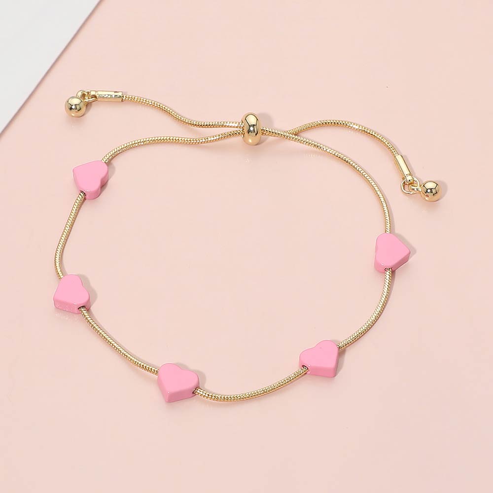 Flat Heart Charm Station Adjustable Cinch Pull Tie Bracelet