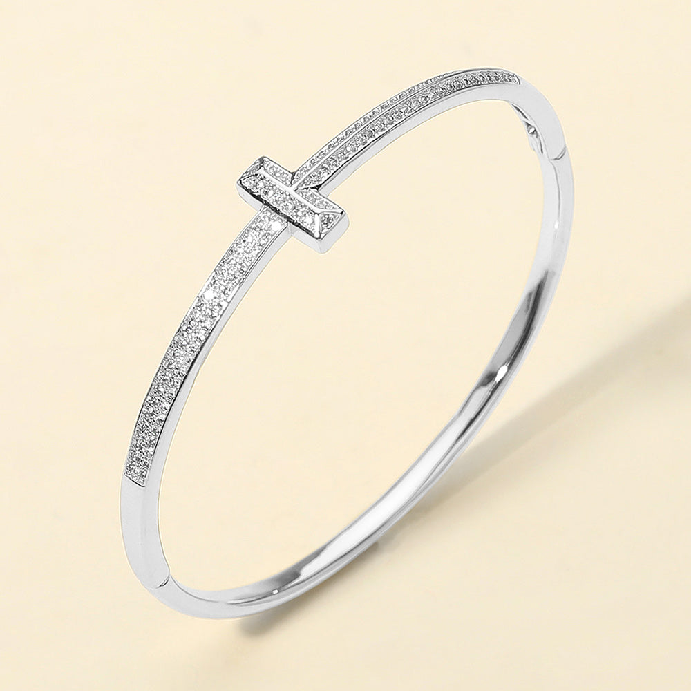 Silver Plated CZ Stone Paved T-bar Hinged Bangle Bracelet