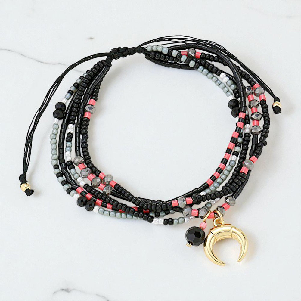 Double Horn Charm Multi-Strand Boho Beaded Adjustable Cinch Pull Tie Bracelet