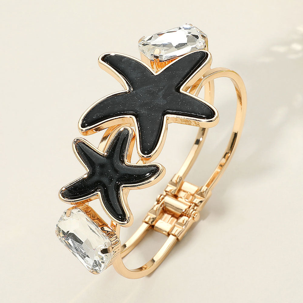 Glittered Resin Double Starfish Hinged Bangle Bracelet