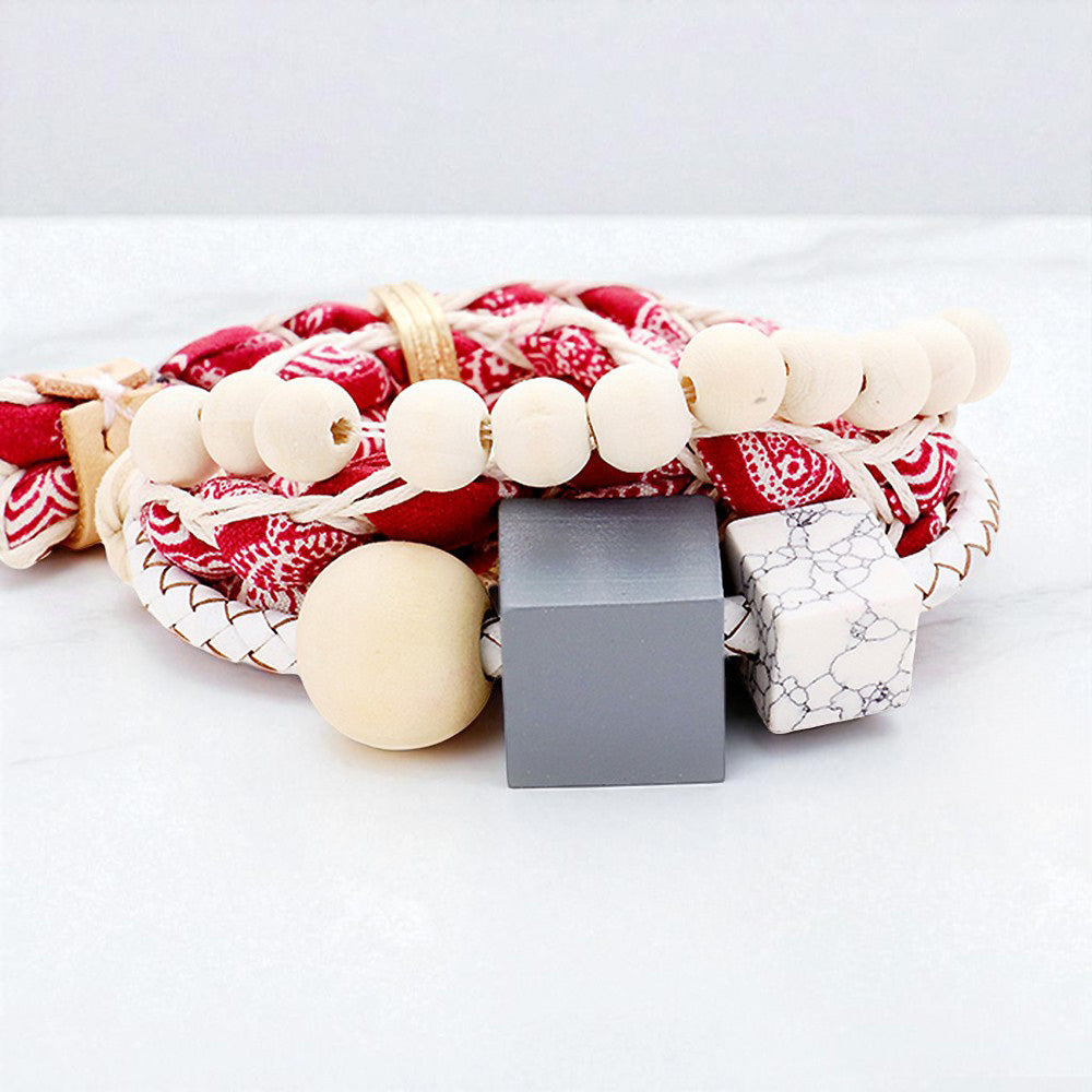 Fabric Braid Wood Cube Adjustable Bracelet