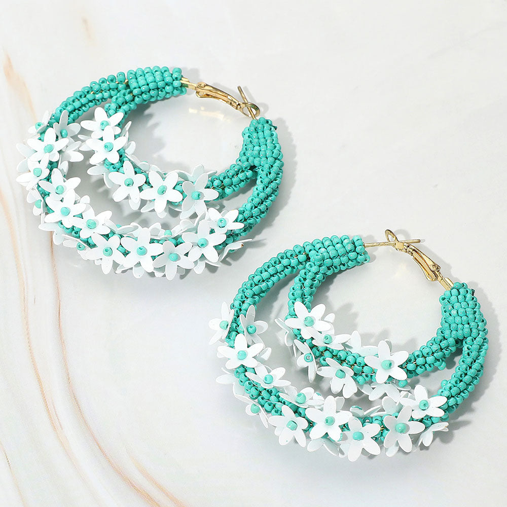 Flower Cluster Accented Seed Beaded Hoop Earrings