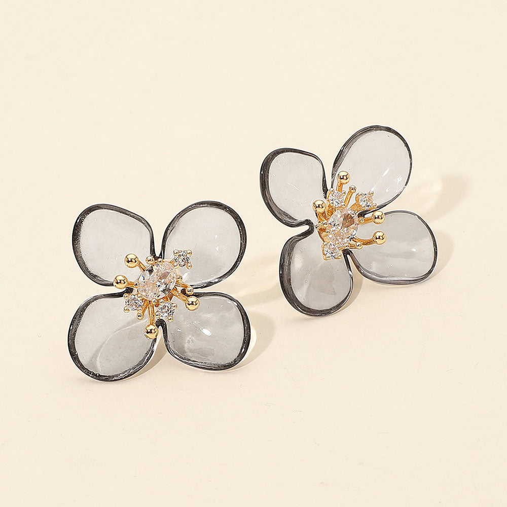 Rhinestone Accent Transparent Resin Petal Flower Earrings
