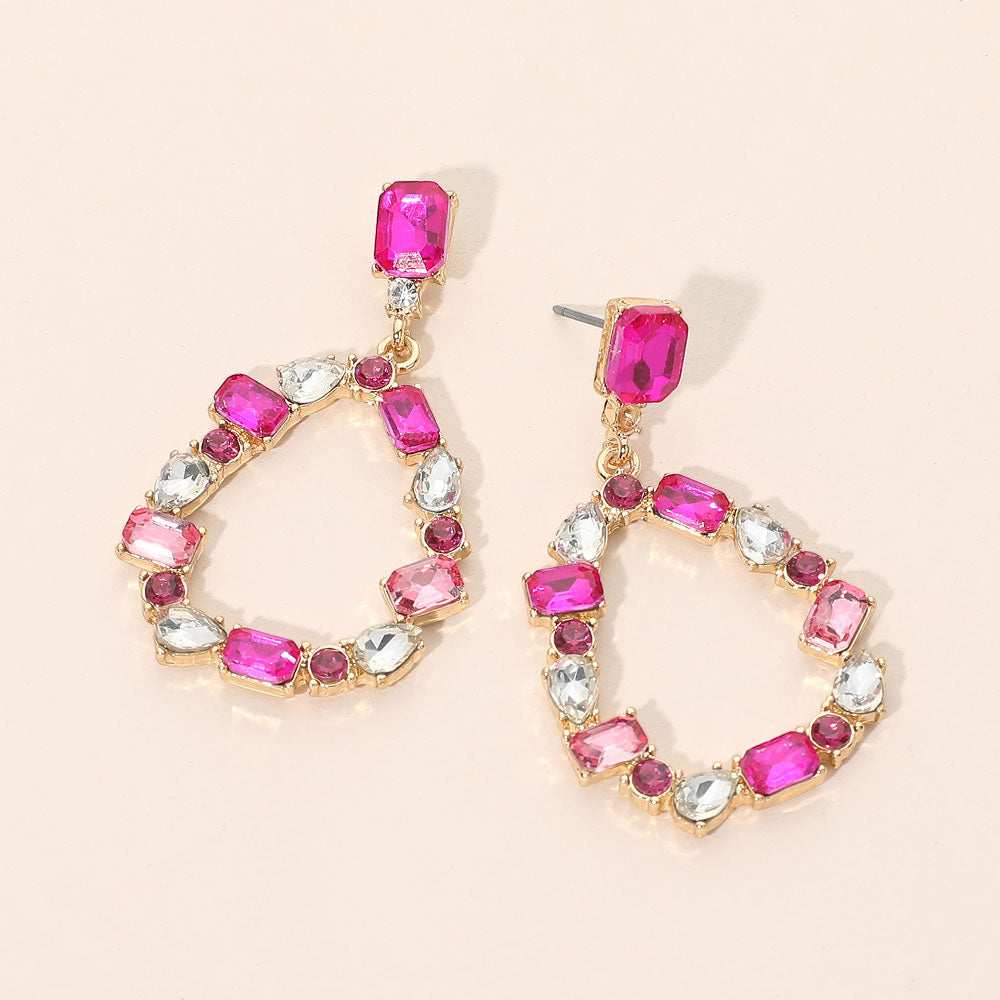 Mixed Shape Stone Cluster Open Teardrop Hoop Drop Dangle Earrings