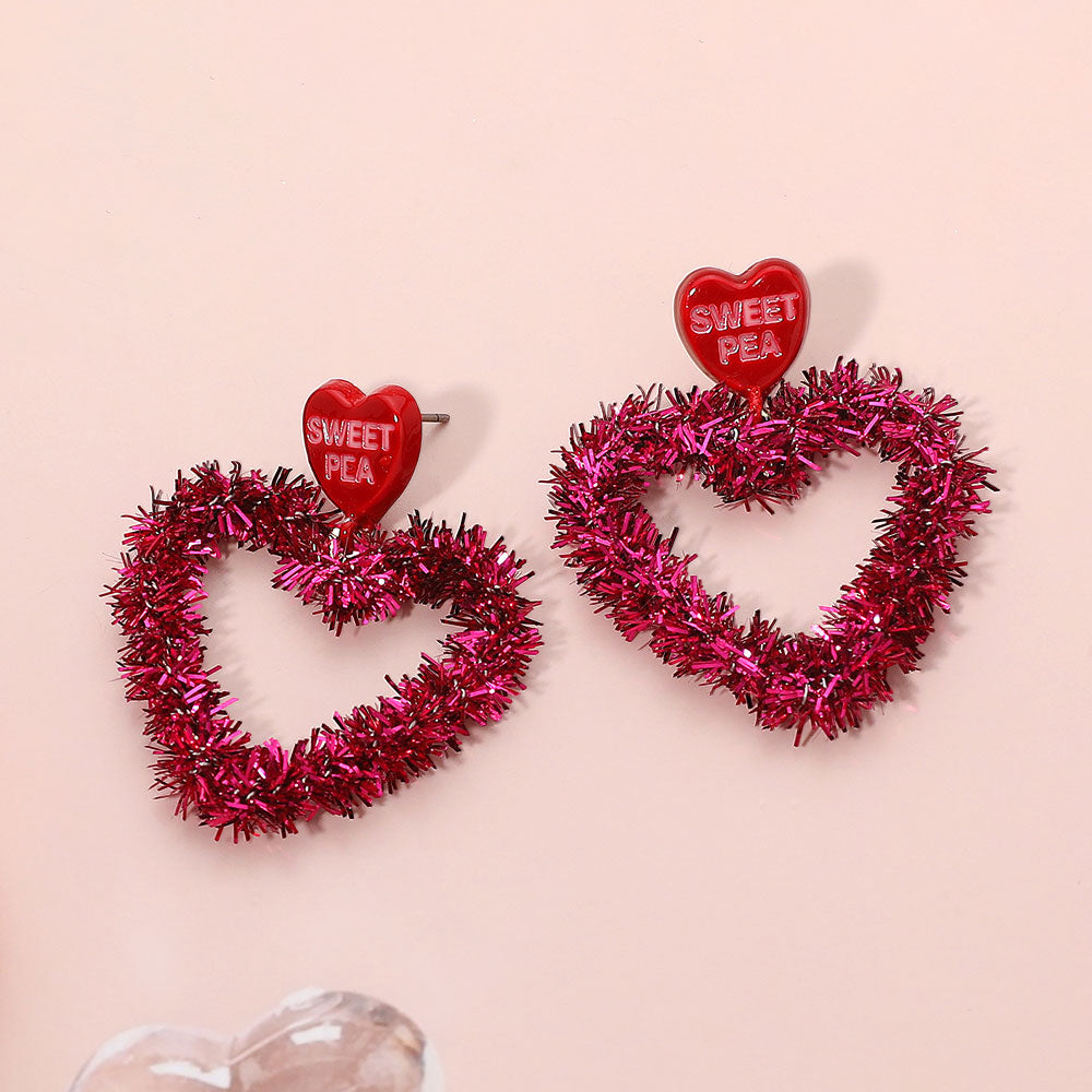 Sweet Pea Tinsel Heart Dangle Earrings