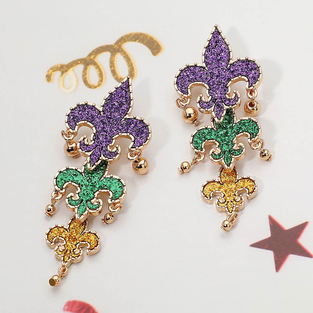 Mardi Gras Glitter Fleur de Lis Drop Earrings