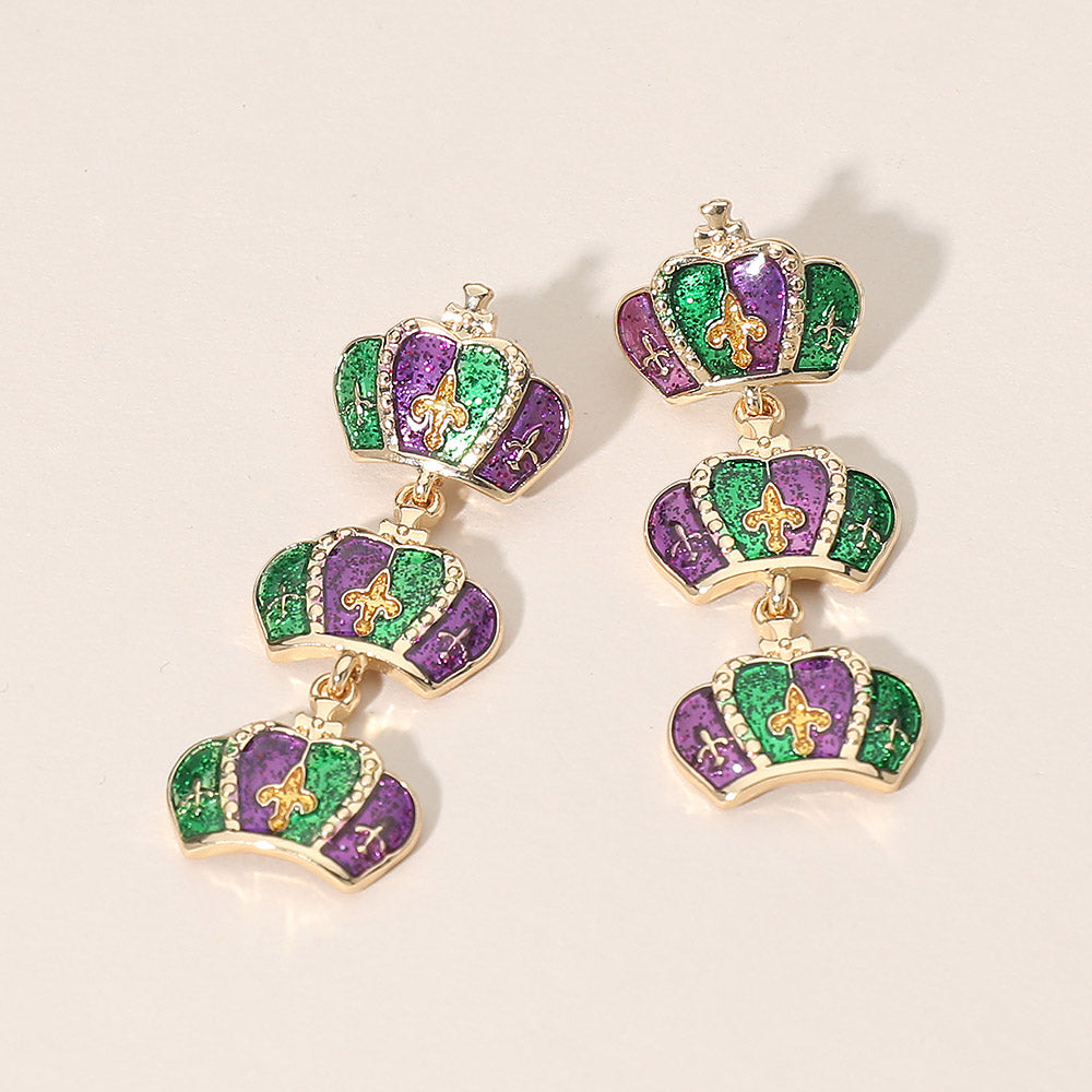 Triple Mardi Gras Crown Link Drop Earrings