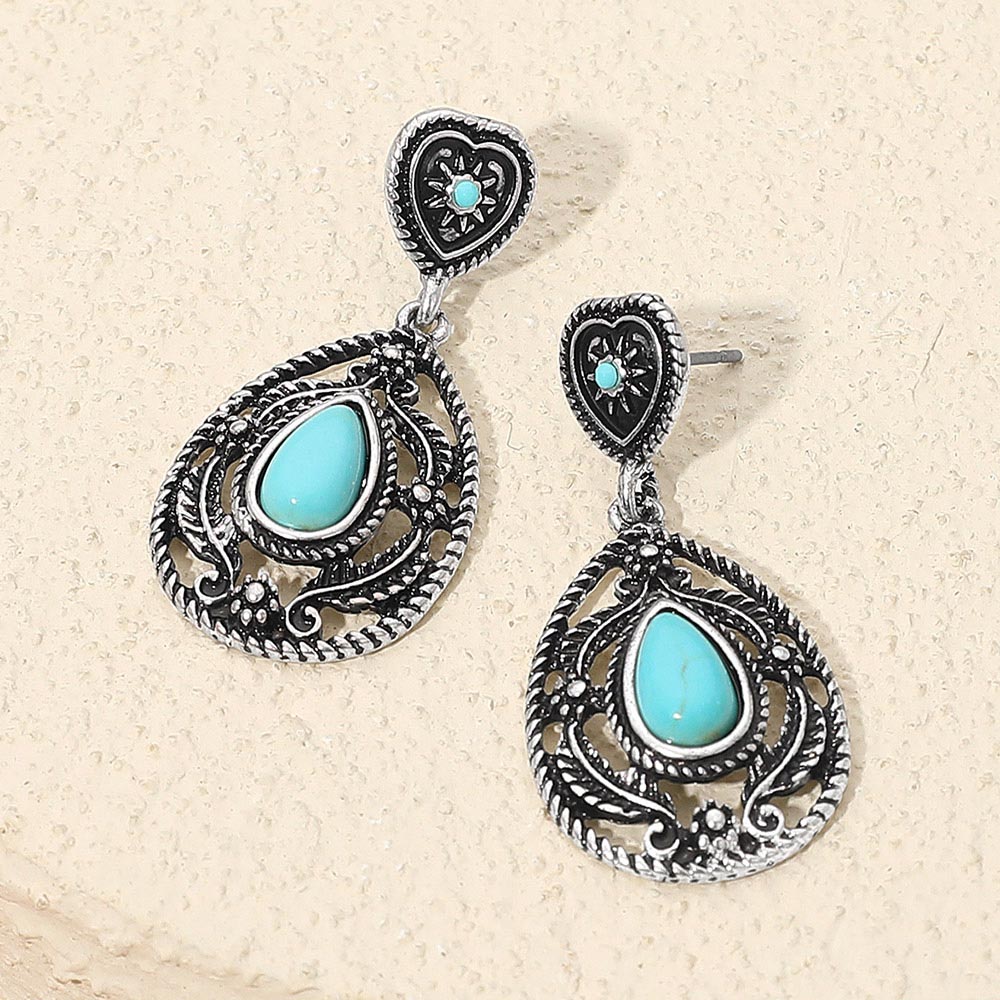 Vintage Teardrop Turquoise Stone Accent Dangle Earrings