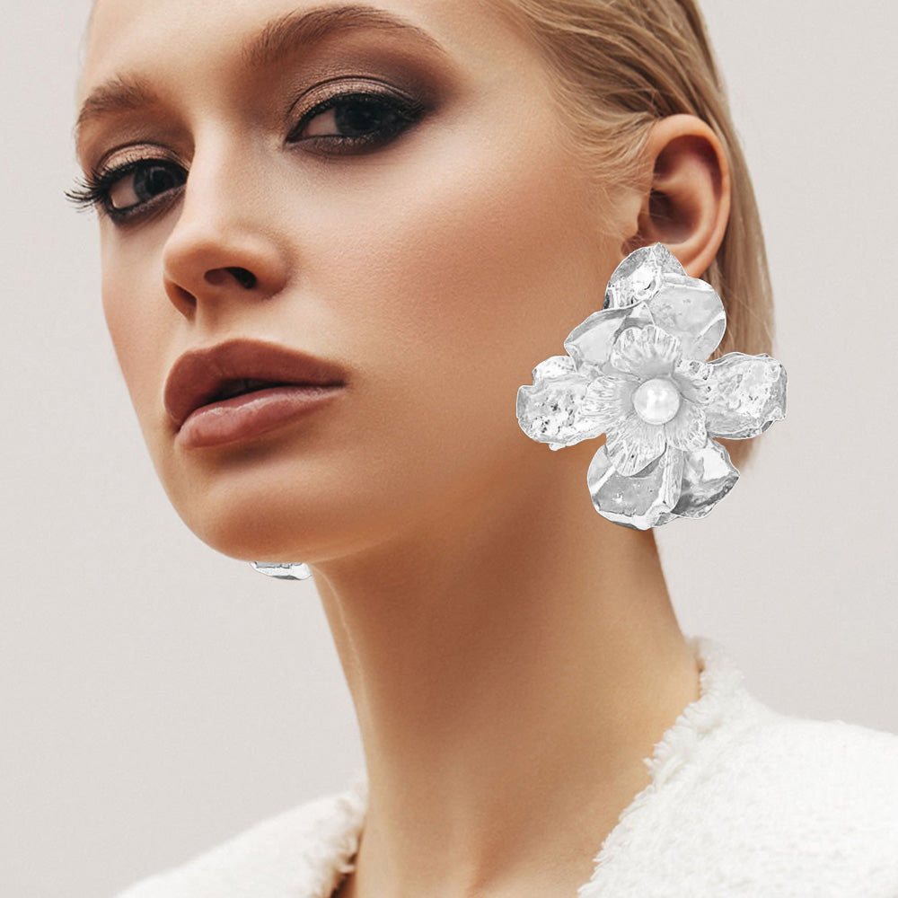 Oversized Pearl Pointed Hammered Metal Petal Flower Earrings