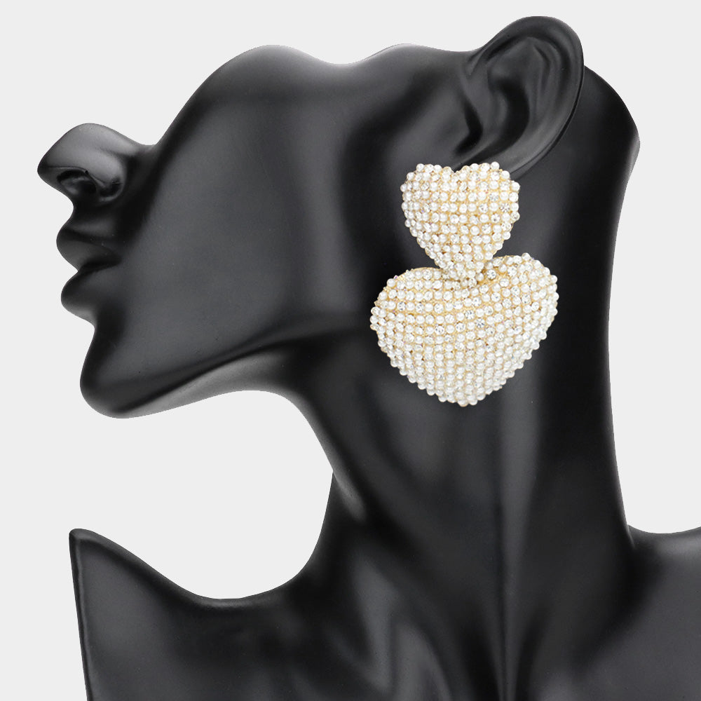 Bold Pearl Rhinestone Paved Double Heart Earrings