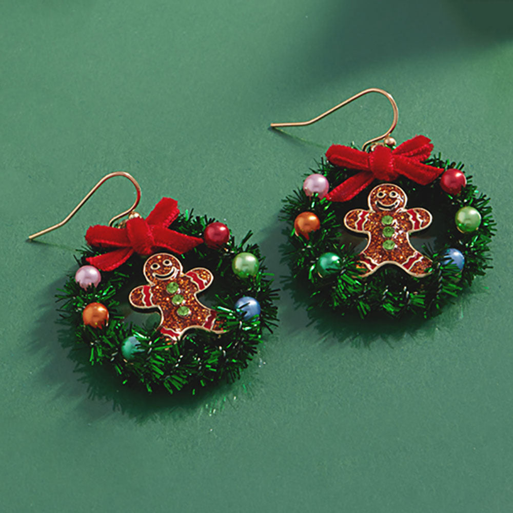 Enamel Gingerbread Christmas Wreath Dangle Earrings