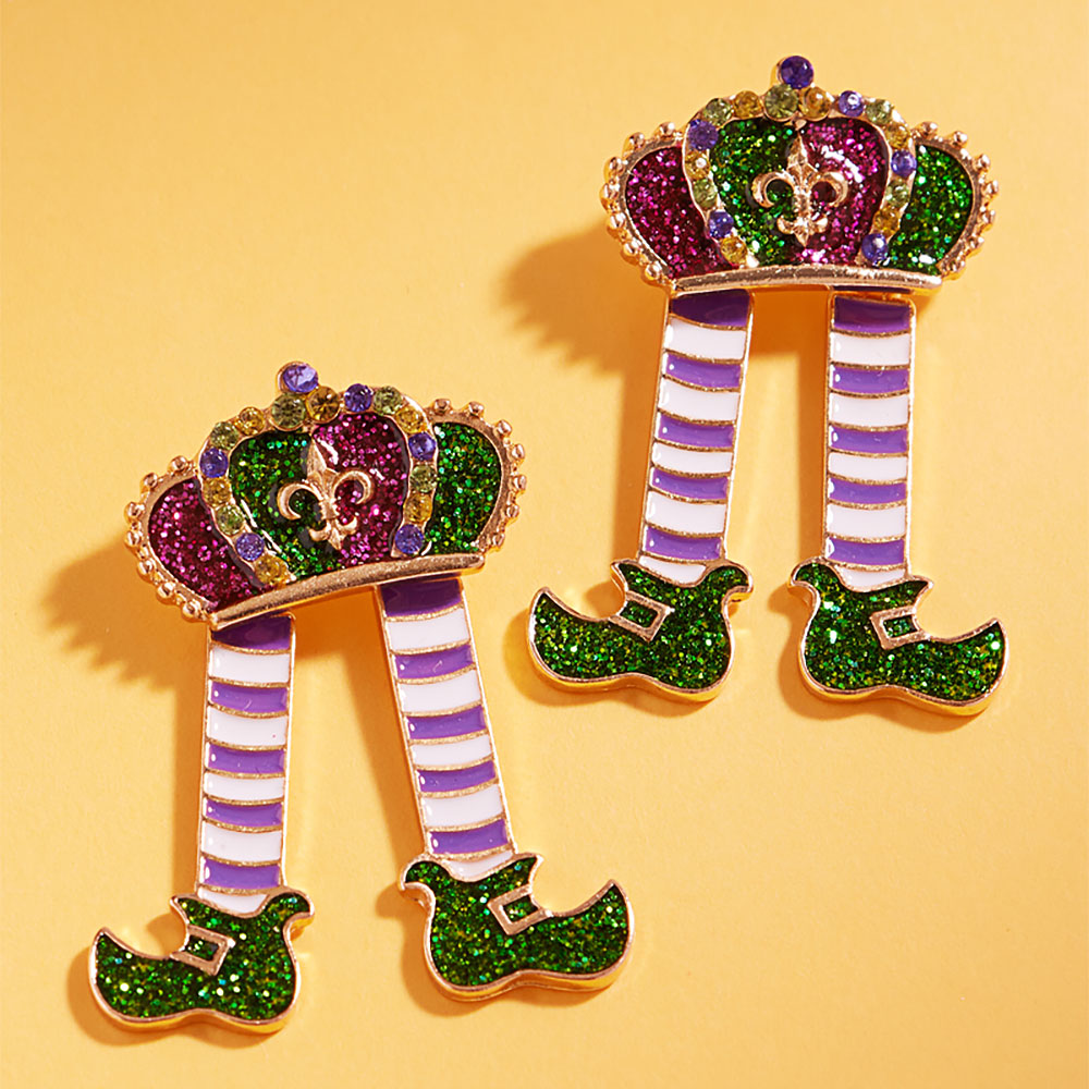Mardi Gras Glitter Enamel Crown Shoe Earrings