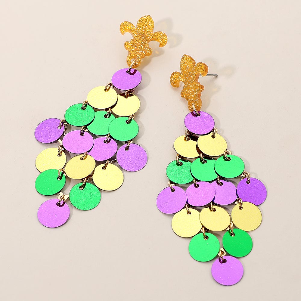 Fleur de Lis Accent Mardi Gras Sequin Chandelier Statement Earrings