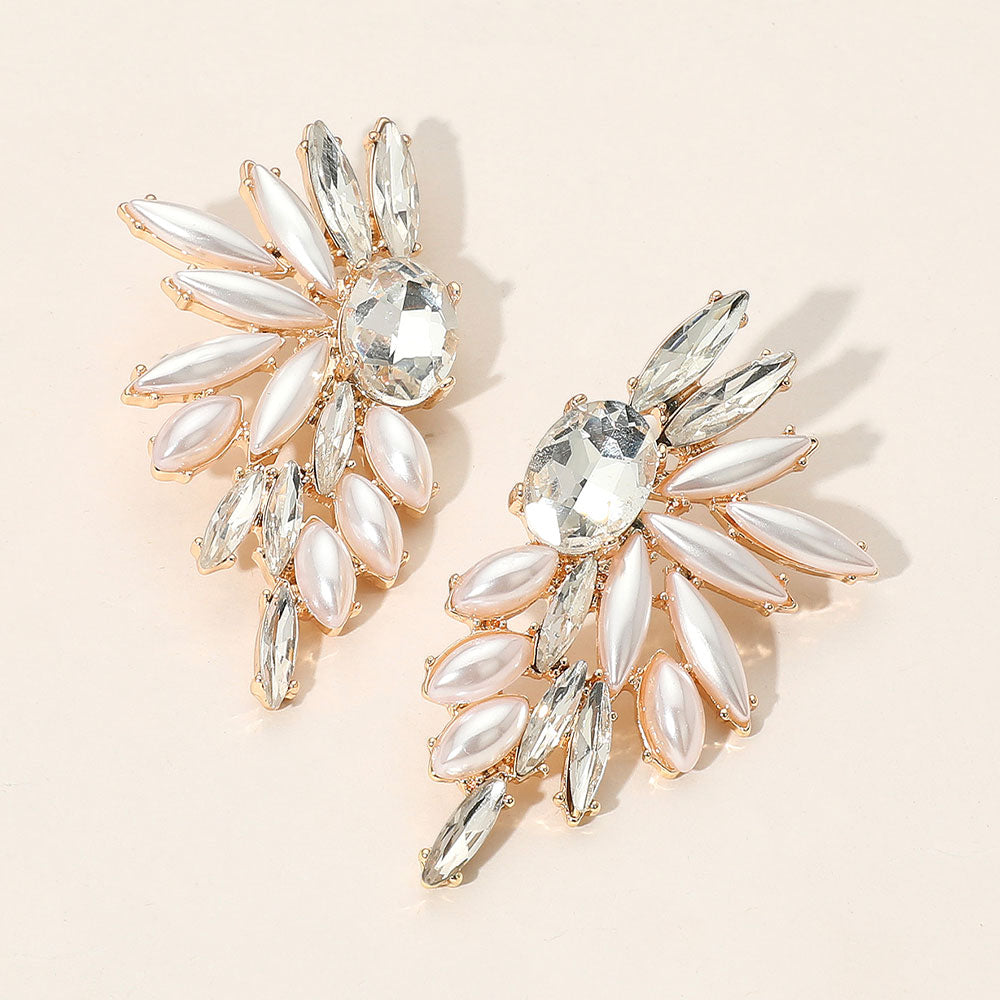 Marquise Pearl Stone Cluster Embellished Wing Fan Earrings