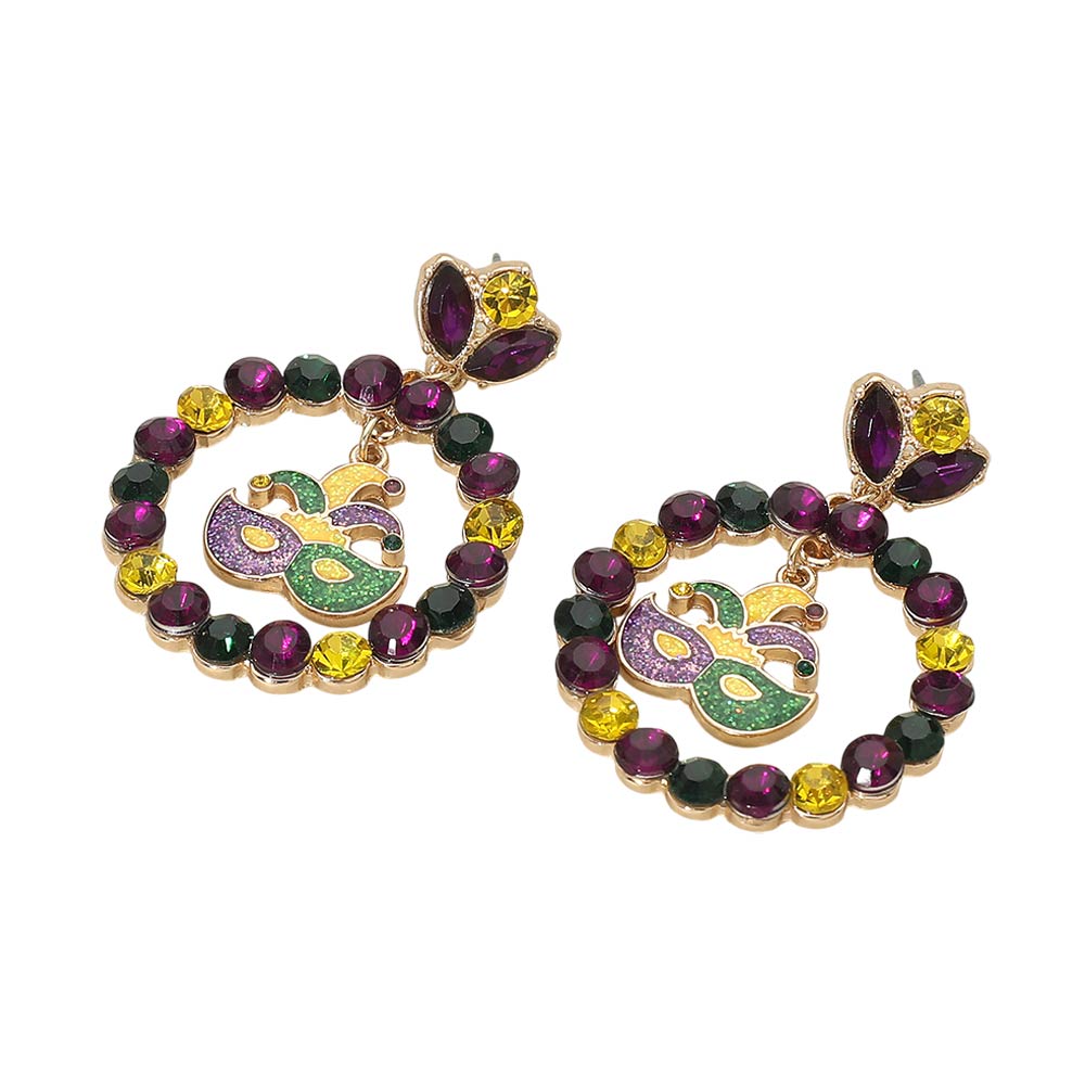 Mardi Gras Mask Accent Circle Drop Earrings