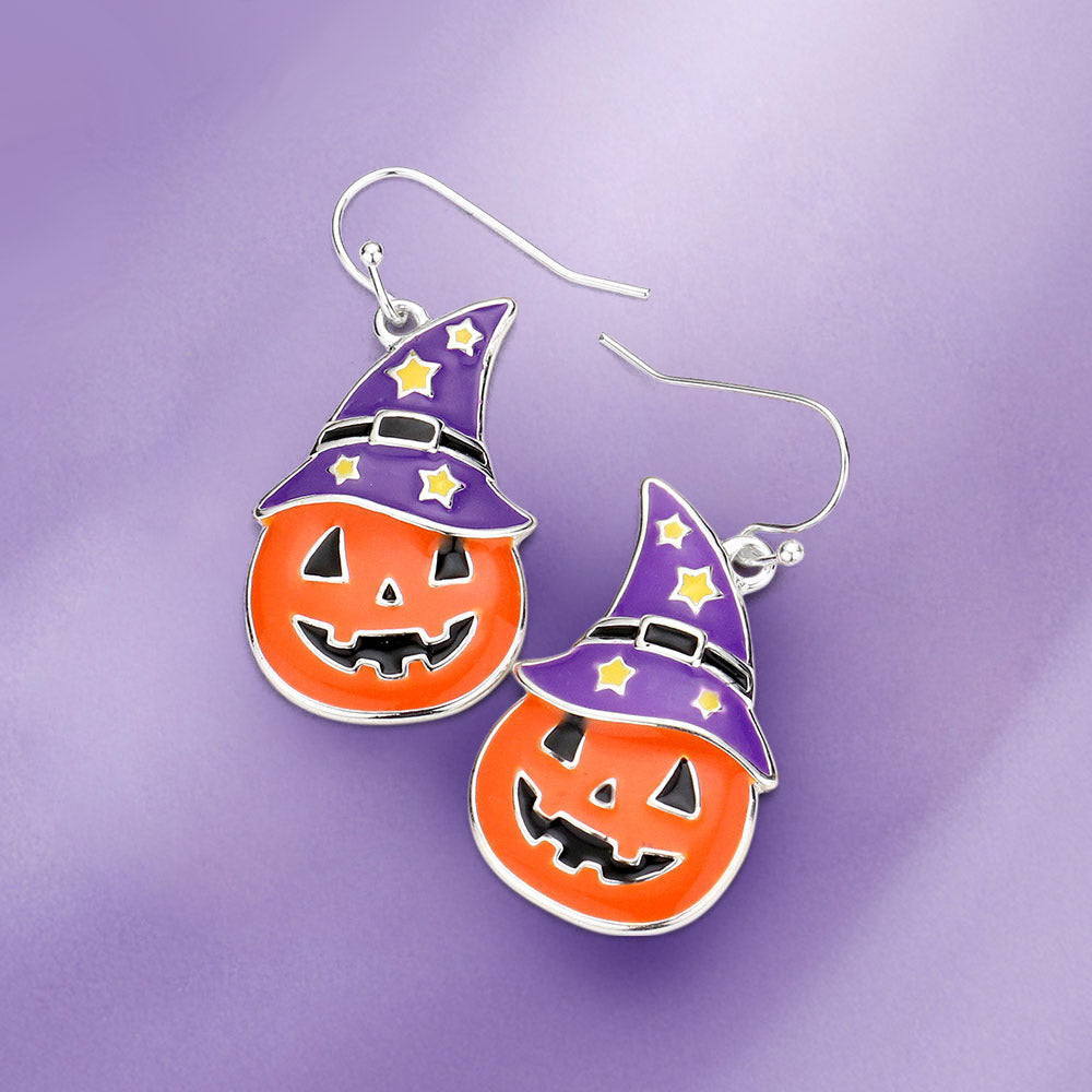 Enamel Witch Hat Pumpkin Dangle Earrings