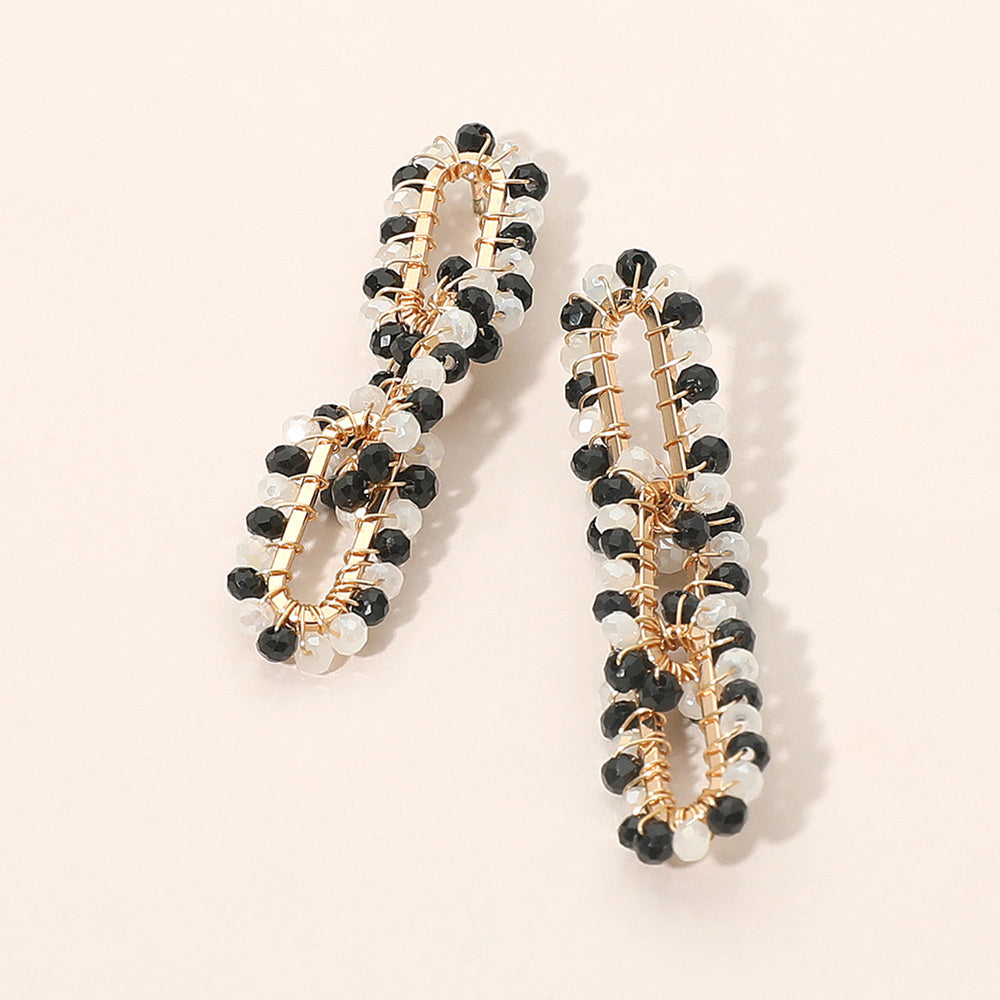 Faceted Bead Wrapped Triple Open Metal Oval Link Dangle Earrings