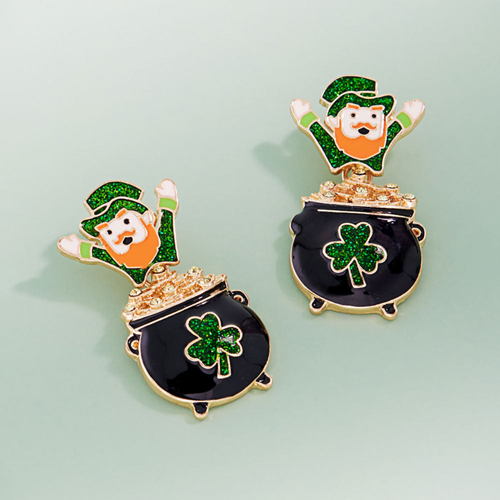 Enamel Leprechaun Cauldron Charm Drop Earrings