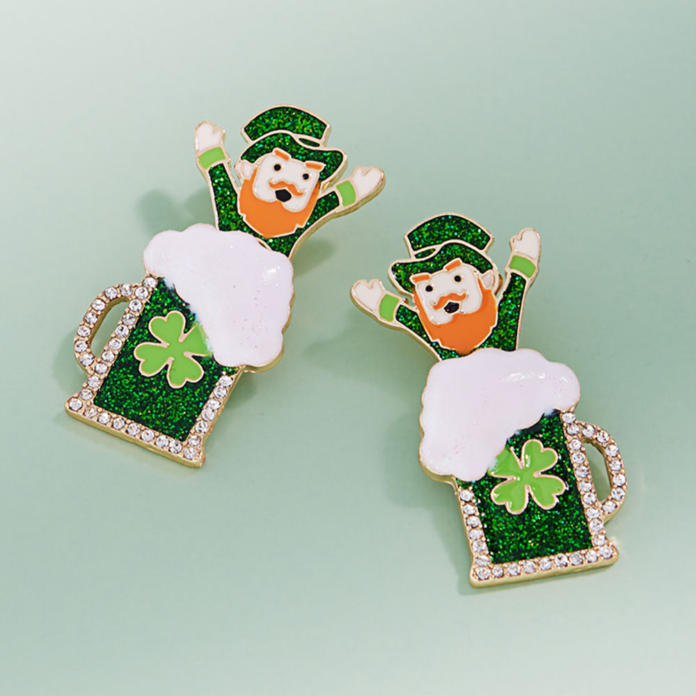Rhinestone Rim Leprechaun Beer Mug Earrings