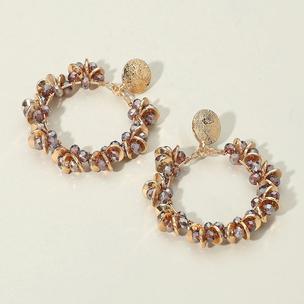 Metal Disc Faceted Beaded Open Ring Dangle Earrings